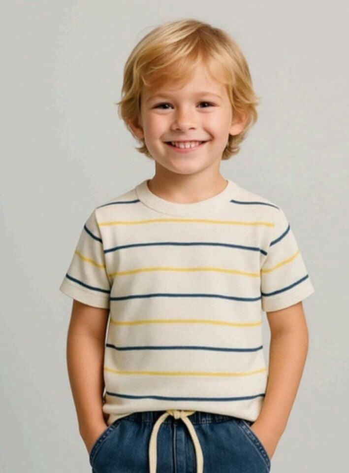 2-14 Yaş Erkek Çocuk Mavi Çizgili Triko Tişört