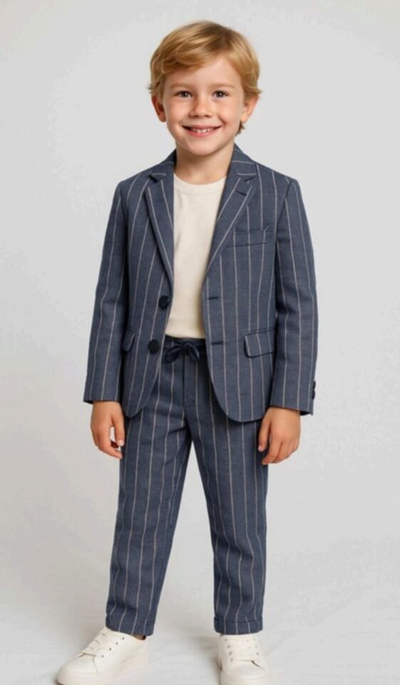 9-14 Yaş Erkek Çocuk Lacivert Çizgili Blazer Ceket Takım
