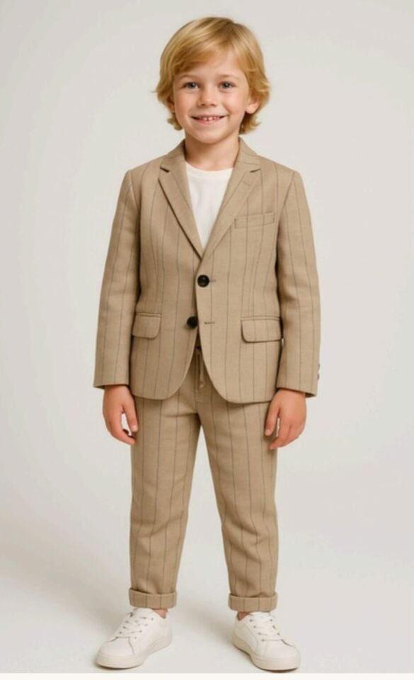 9-14 Yaş Erkek Çocuk Bej Çizgili Blazer Ceket Takım