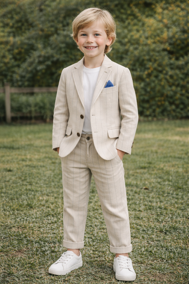 9-14 Yaş Erkek Çocuk Ekru Çizgili Blazer Ceket Takım