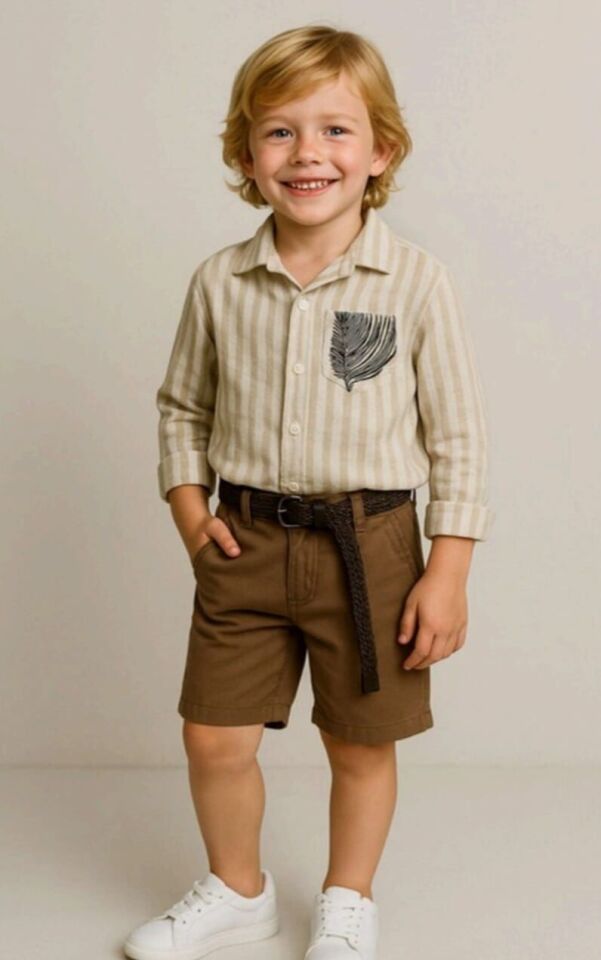 3-8 Yaş Erkek Çocuk Çizgili Müslin Gömlek Kahverengi Şort Takım