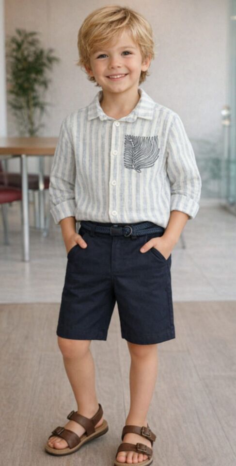 3-8 Yaş Erkek Çocuk Çizgili Müslin Gömlek Lacivert Şort Takım