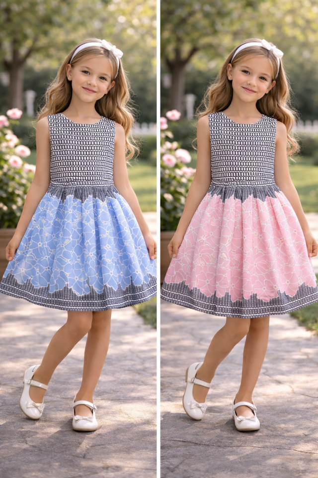 3-8 Yaş Kız Çocuk Çiçek Desenli Özel Gün Elbisesi