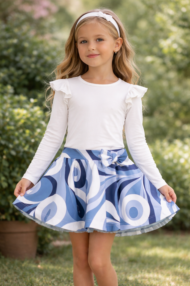 3-12 Yaş Kız Çocuk Mavi Desenli Fiyonklu Etek