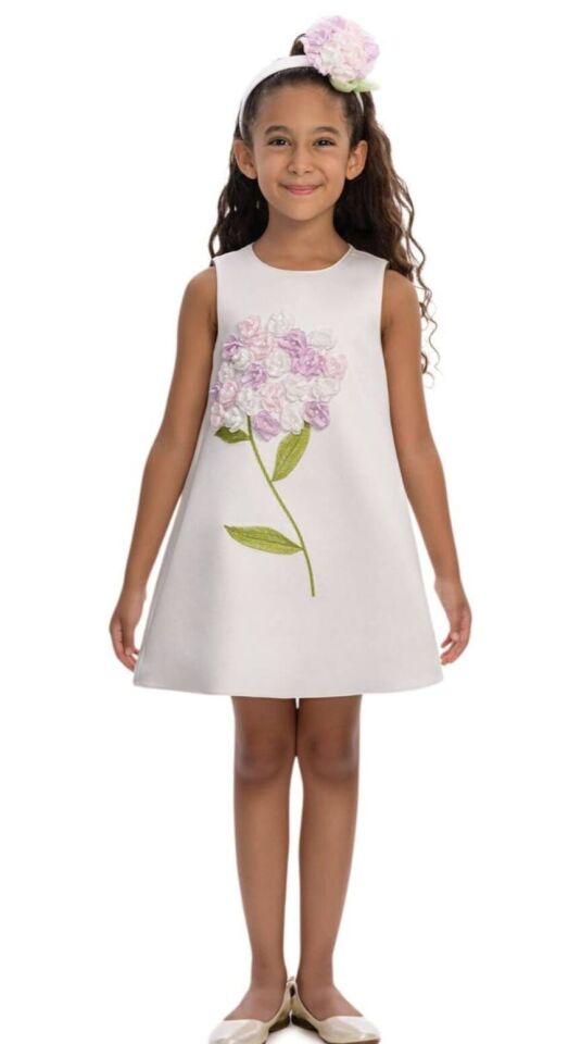 3-7 Yaş Kız Çocuk Ekru Çiçek Nakışlı Elbise