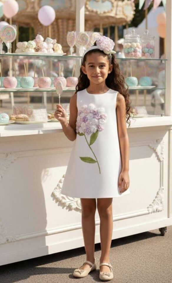 3-7 Yaş Kız Çocuk Ekru Çiçek Nakışlı Elbise