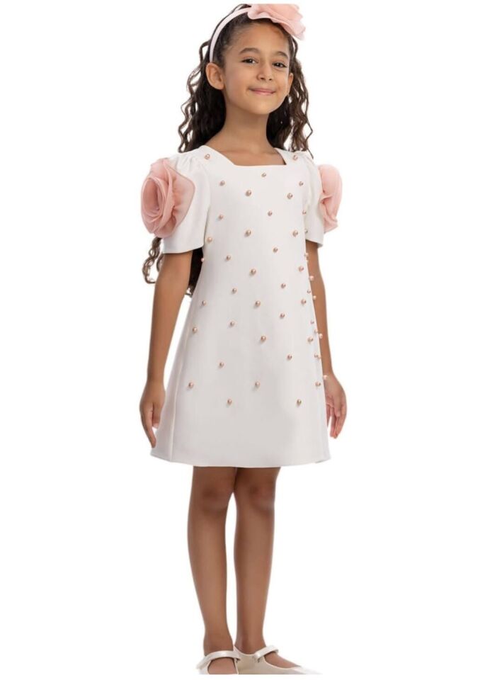 3-7 Yaş Kız Çocuk Ekru İnci Detaylı Elbise