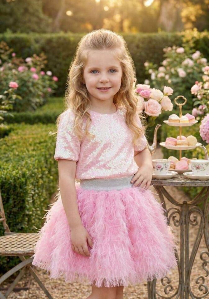 3-7 Yaş Kız Çocuk Pembe Payetli İkili Takım