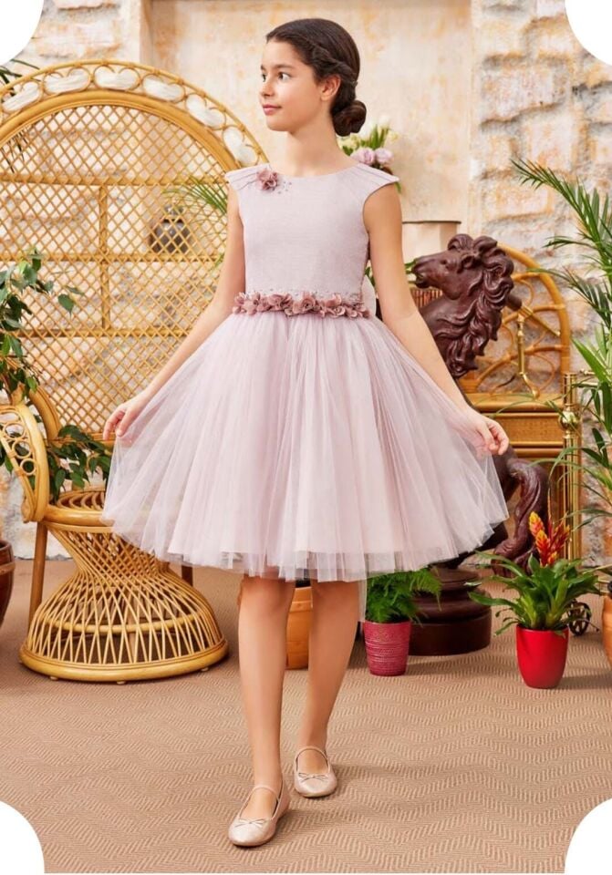 7-12 Yaş Kız Çocuk Pudra Tül Elbise-Prenses Model