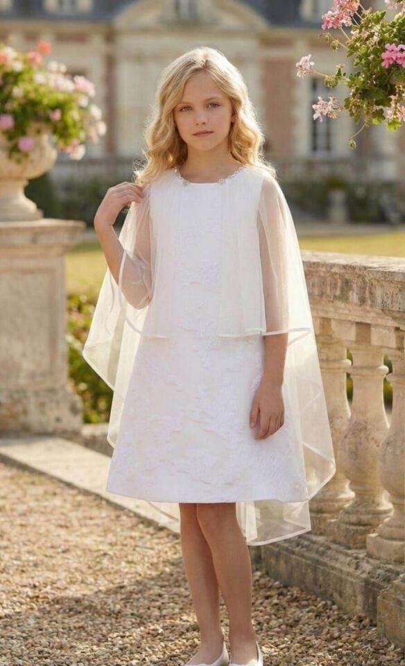 8-15 Yaş Kız Çocuk Ekru Dantel Elbise Tül Pelerin Detaylı