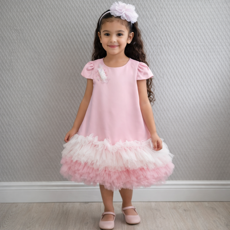 3-7 Yaş Kız Çocuk Pudra Pembe Etekleri Tütü Elbise